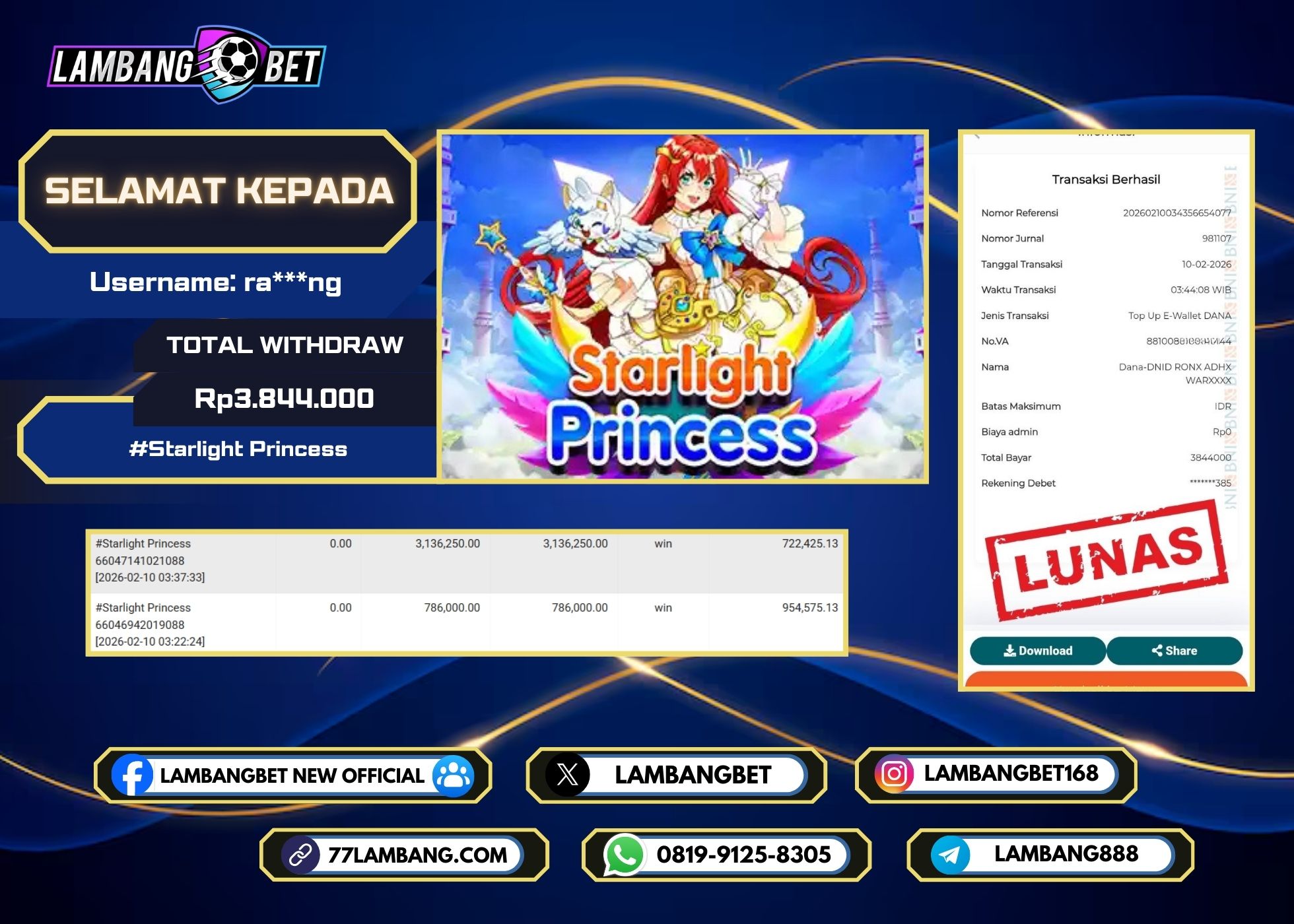LAMBANGBET [10 FEBRUARI 2026] JACKPOT SLOT Starlight Princess "Rp3.844.000" LUNAS